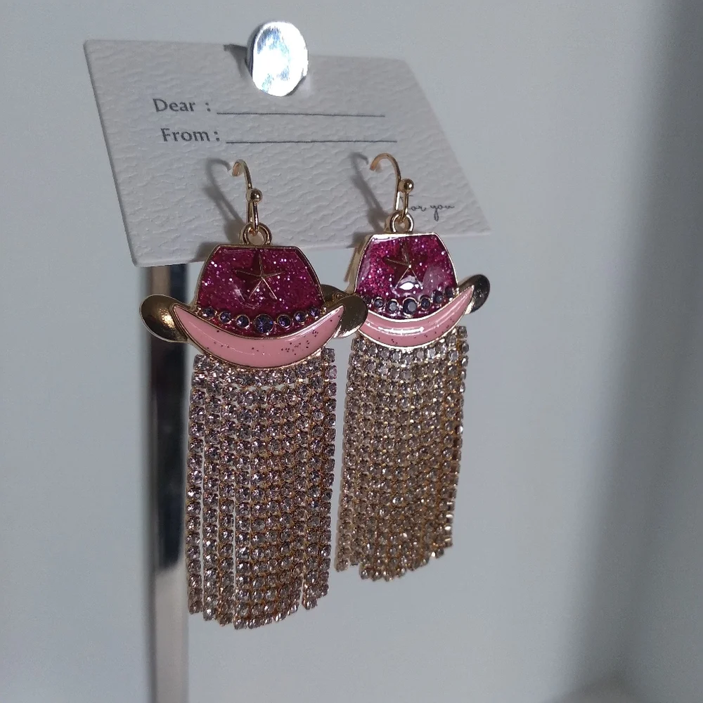 Pink and Gold Cowgirl Hat Earrings - Picture 2 of 5